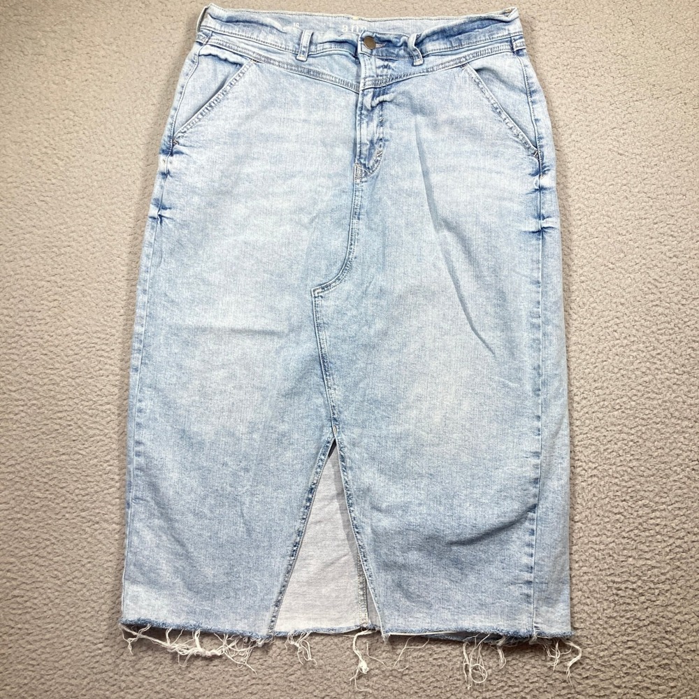 a.n.a Denim Midi Skirt Womens 16 Light Wash Raw Hem Front Slit High Rise Stretch